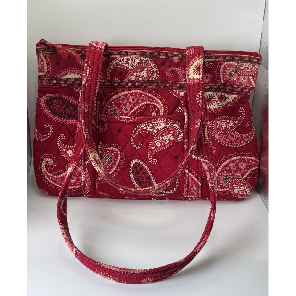 Vera Bradley Shoulder Bag Medium Red Paisley Quilted Boho Tote Travel Purse